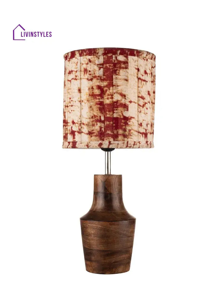 Wooden Firkin Lamp With Pleeted Multicolor Maroon Shade