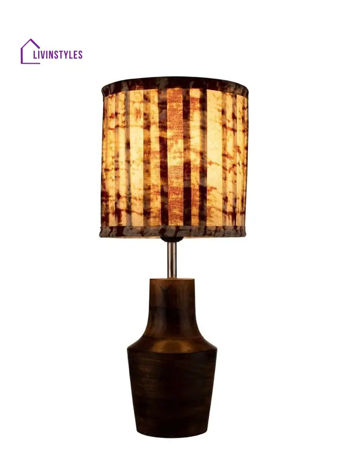 Wooden Firkin Lamp With Pleeted Multicolor Maroon Shade