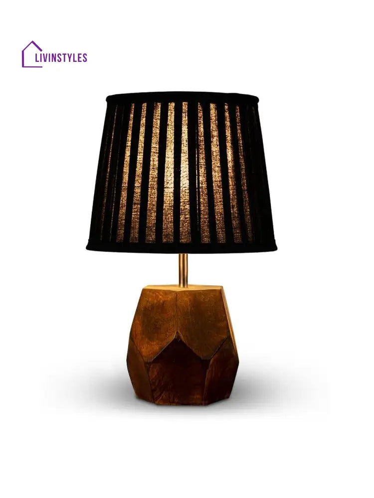 Wooden Hexa Lamp With Pleeted Cotton Black Shade