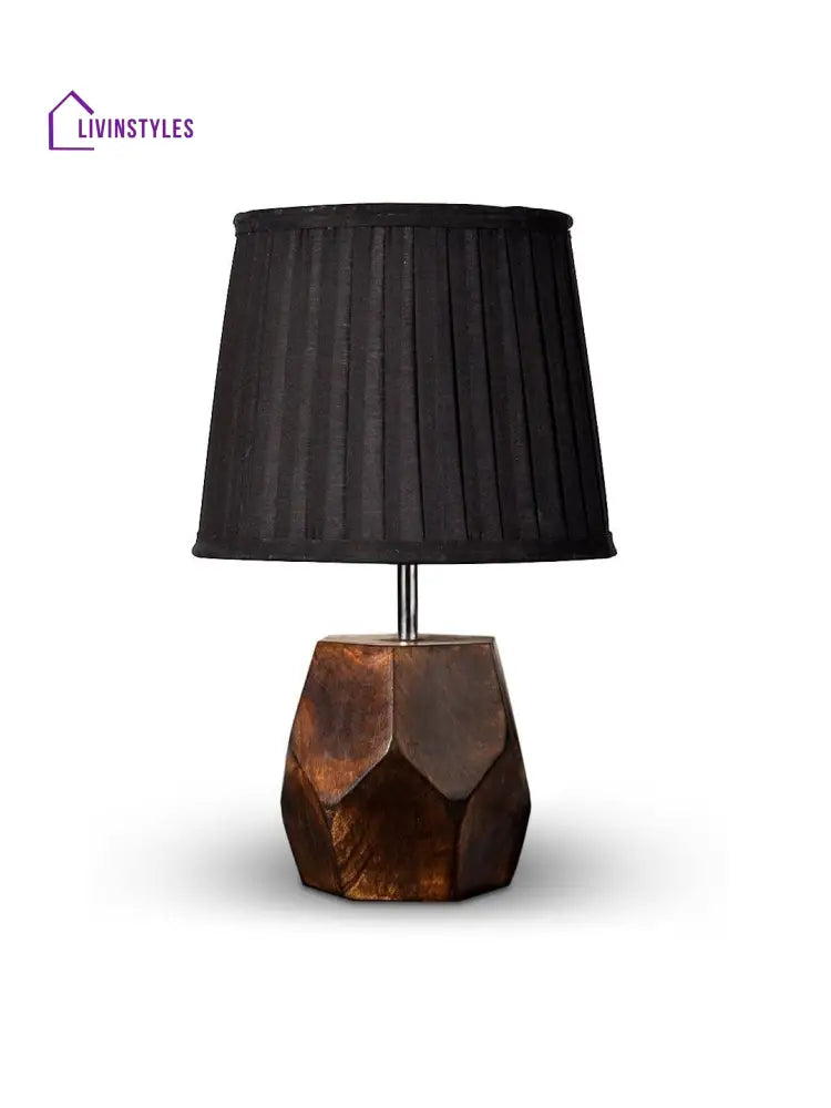 Wooden Hexa Lamp With Pleeted Cotton Black Shade