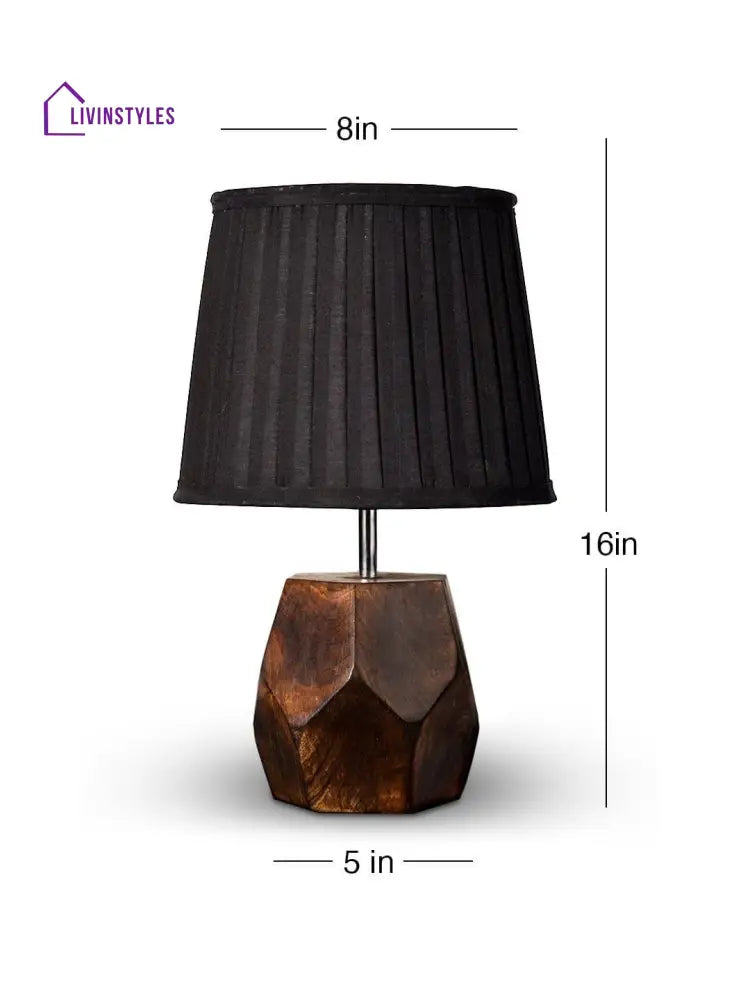 Wooden Hexa Lamp With Pleeted Cotton Black Shade