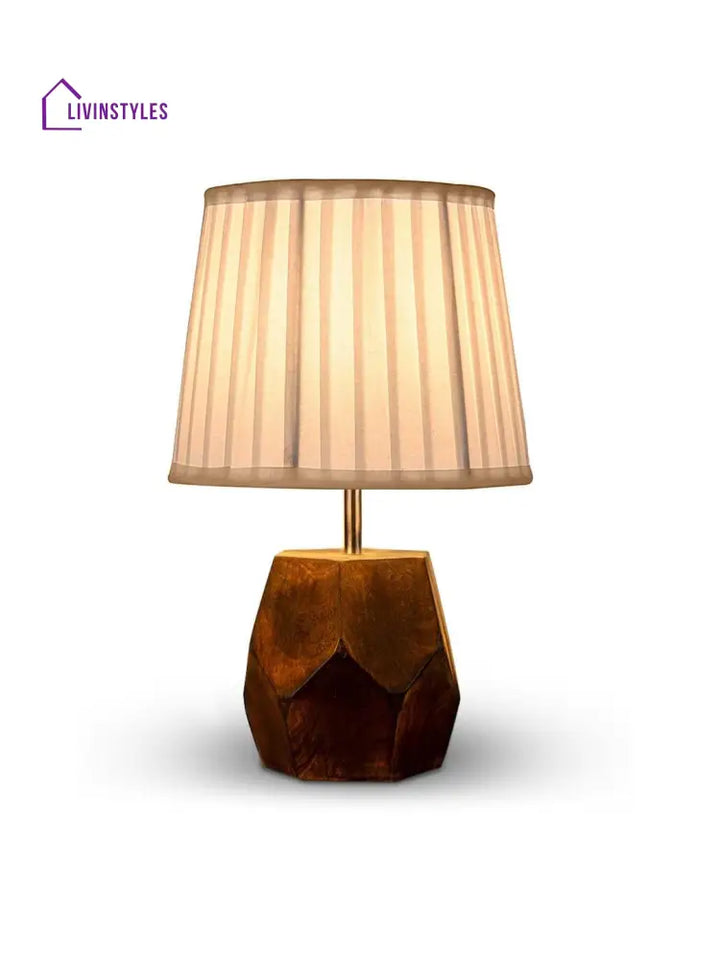 Wooden Hexa Lamp With Pleeted Cotton White Shade