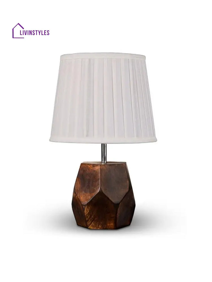 Wooden Hexa Lamp With Pleeted Cotton White Shade