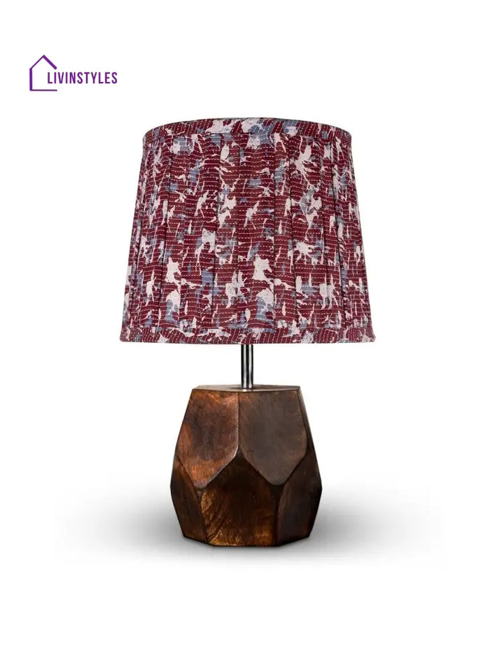 Wooden Hexa Lamp With Pleeted Multicolor Maroon Shade Table