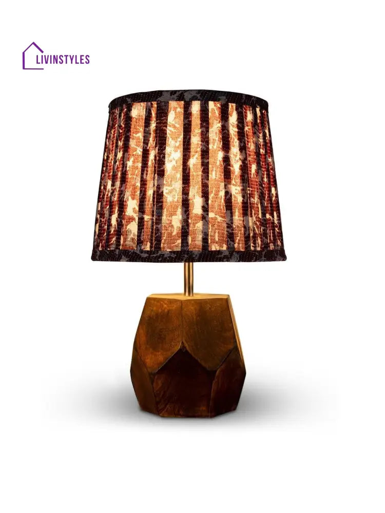 Wooden Hexa Lamp With Pleeted Multicolor Maroon Shade Table