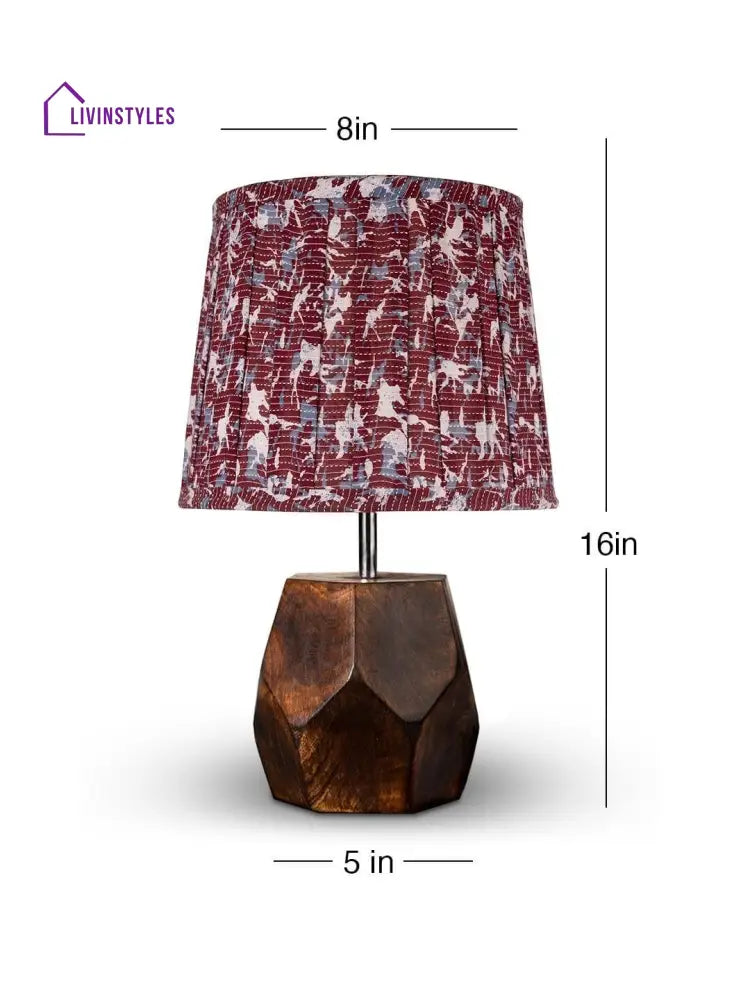 Wooden Hexa Lamp With Pleeted Multicolor Maroon Shade Table