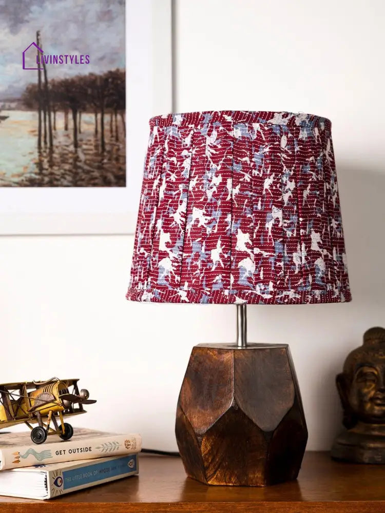 Wooden Hexa Lamp With Pleeted Multicolor Maroon Shade Table