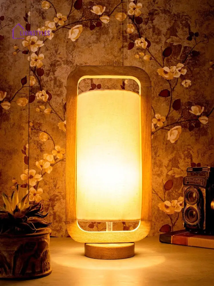 Wooden Lantern Lamp With White Cotton Shade Table