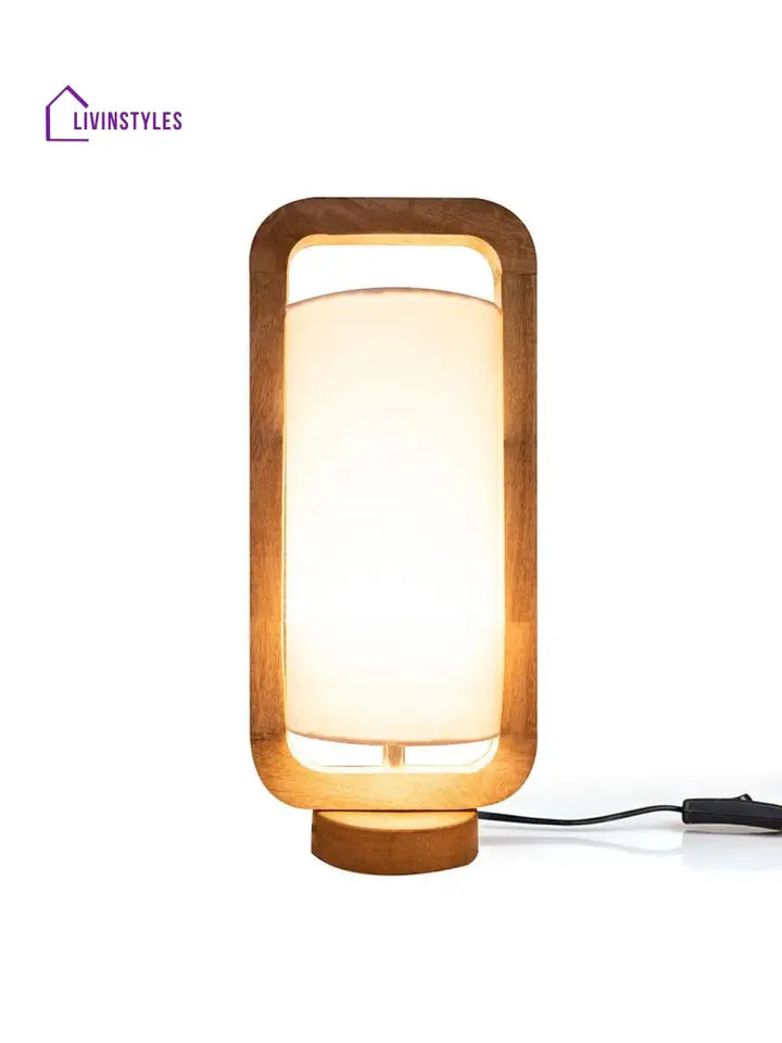 Wooden Lantern Lamp With White Cotton Shade Table