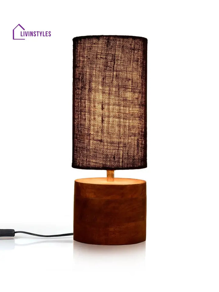 Wooden Log Table Lamp With Black Jute Shade