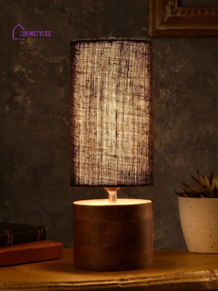 Wooden Log Table Lamp With Black Jute Shade