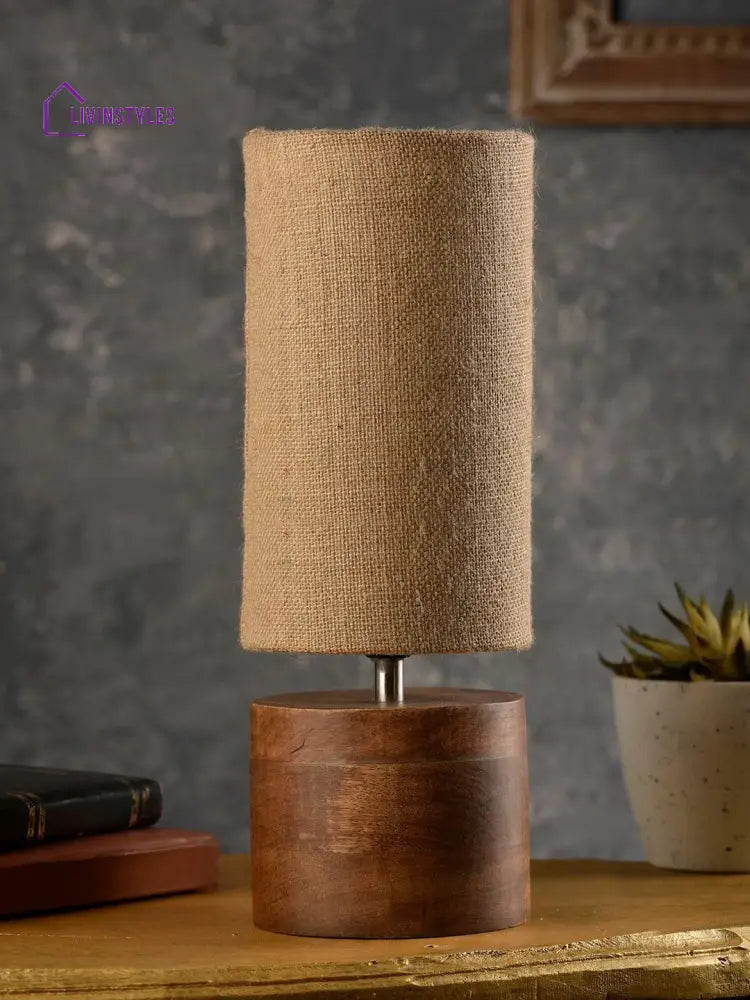 Wooden Log Table Lamp With Brown Jute Shade