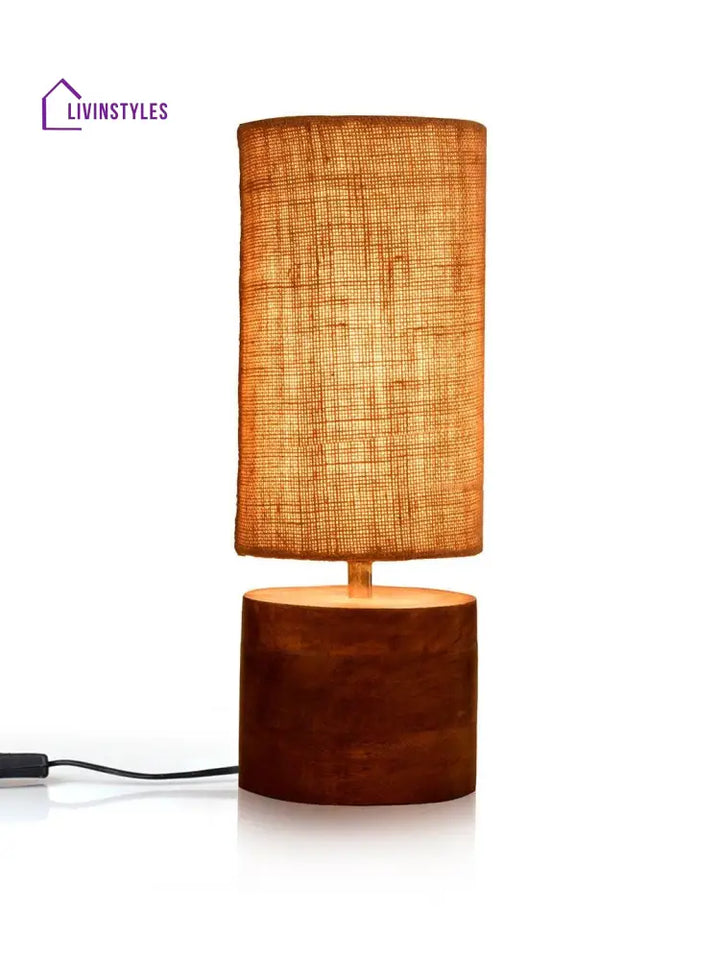 Wooden Log Table Lamp With Brown Jute Shade