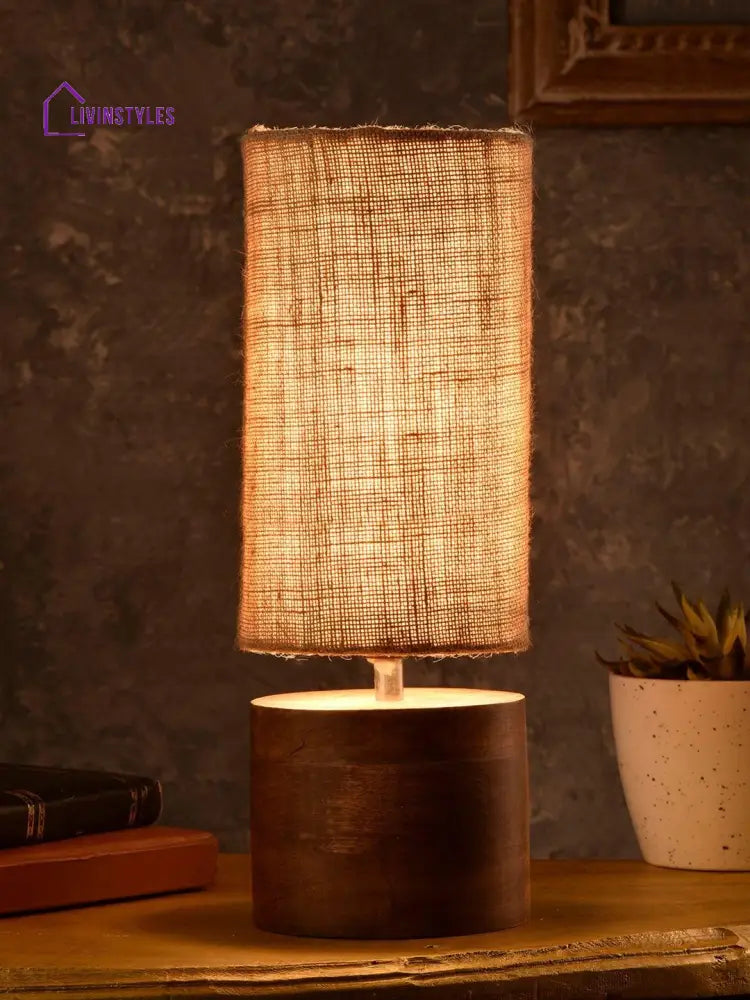 Wooden Log Table Lamp With Brown Jute Shade