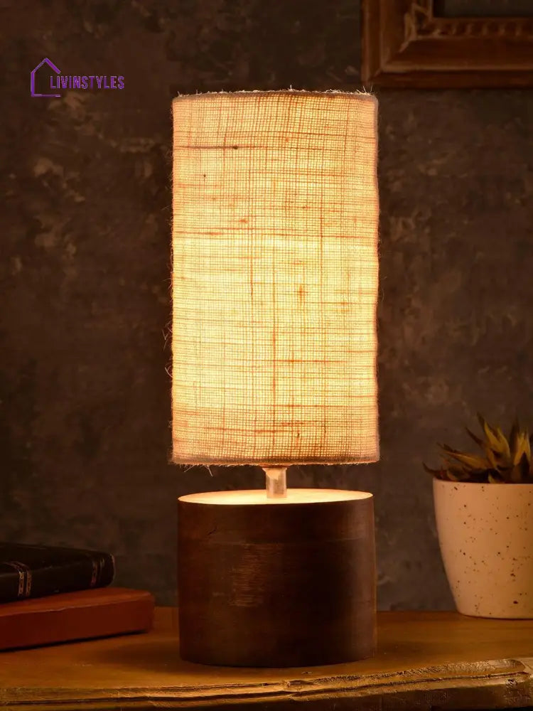 Wooden Log Table Lamp With White Jute Shade