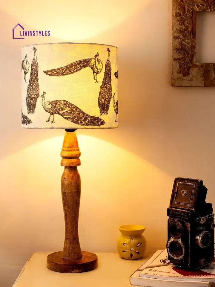 Wooden Peacock Print Lamp