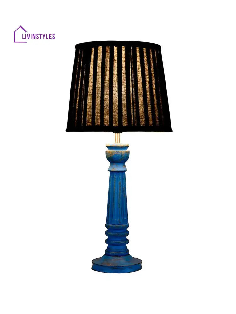 Wooden Pillar Blue Lamp With Pleeted Black Soft Shade