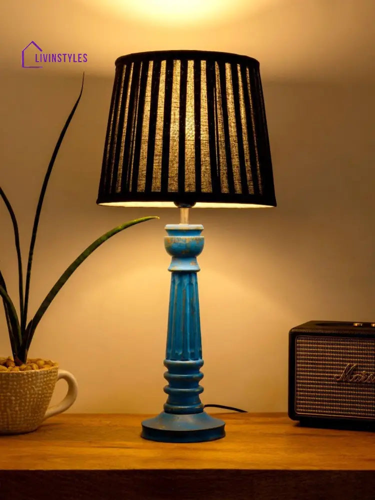 Wooden Pillar Blue Lamp With Pleeted Black Soft Shade