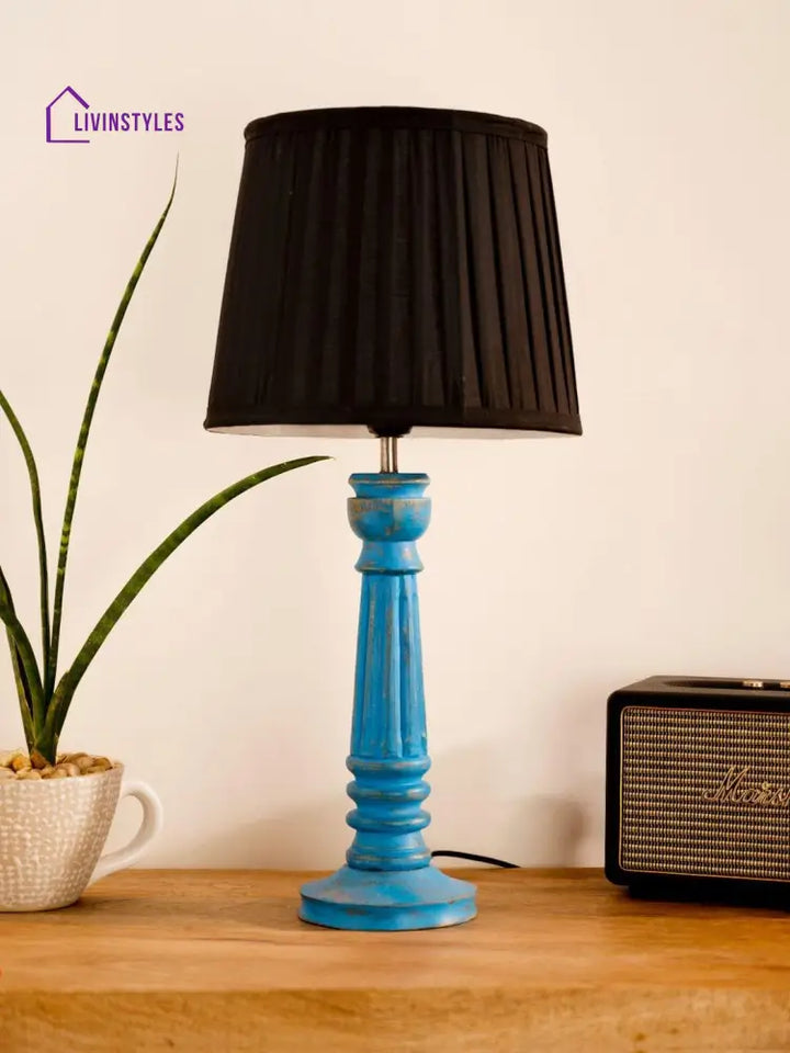 Wooden Pillar Blue Lamp With Pleeted Black Soft Shade