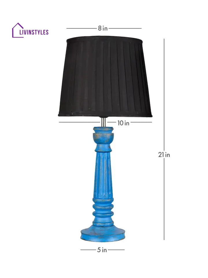 Wooden Pillar Blue Lamp With Pleeted Black Soft Shade