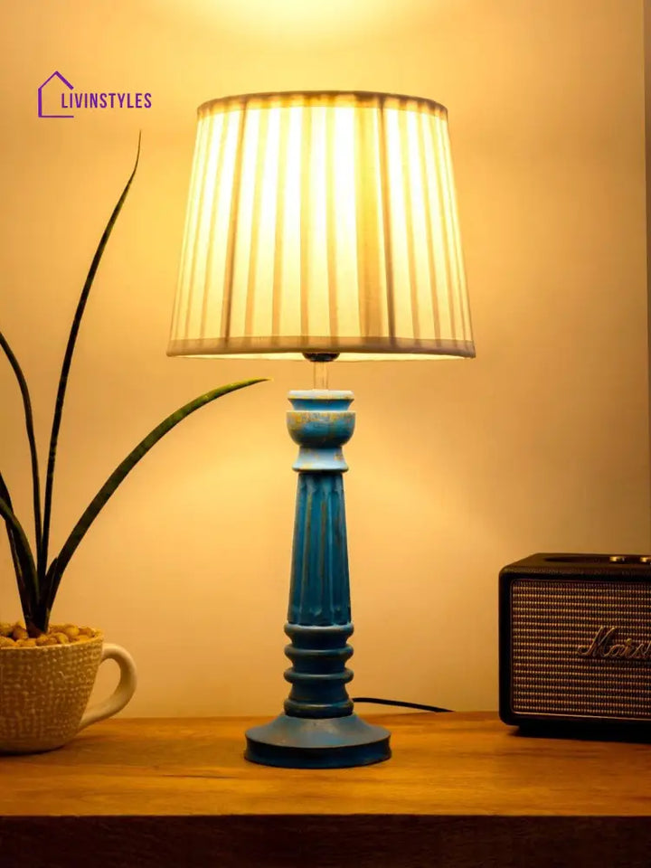 Wooden Pillar Blue Lamp With Pleeted White Soft Shade