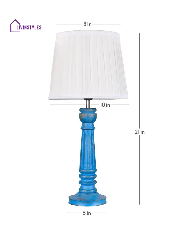 Wooden Pillar Blue Lamp With Pleeted White Soft Shade