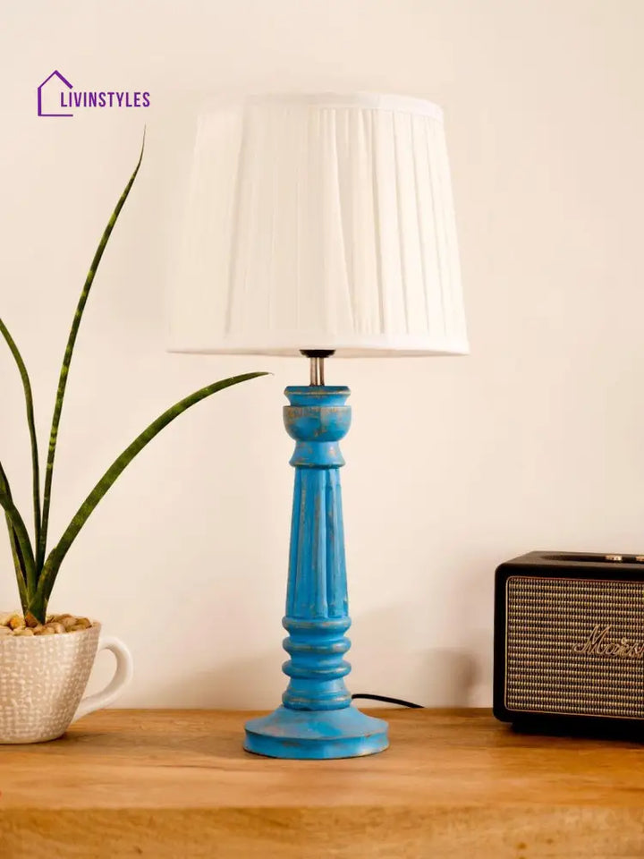 Wooden Pillar Blue Lamp With Pleeted White Soft Shade