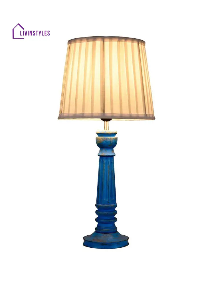 Wooden Pillar Blue Lamp With Pleeted White Soft Shade