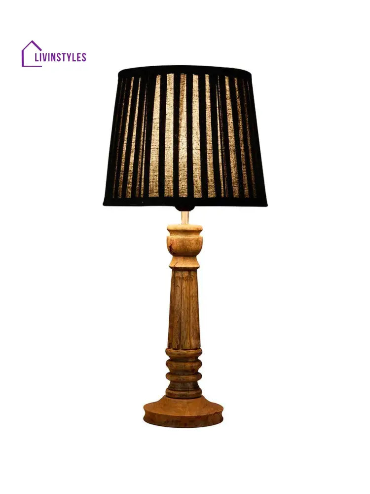 Wooden Pillar Brown Lamp With Pleeted Black Soft Shade