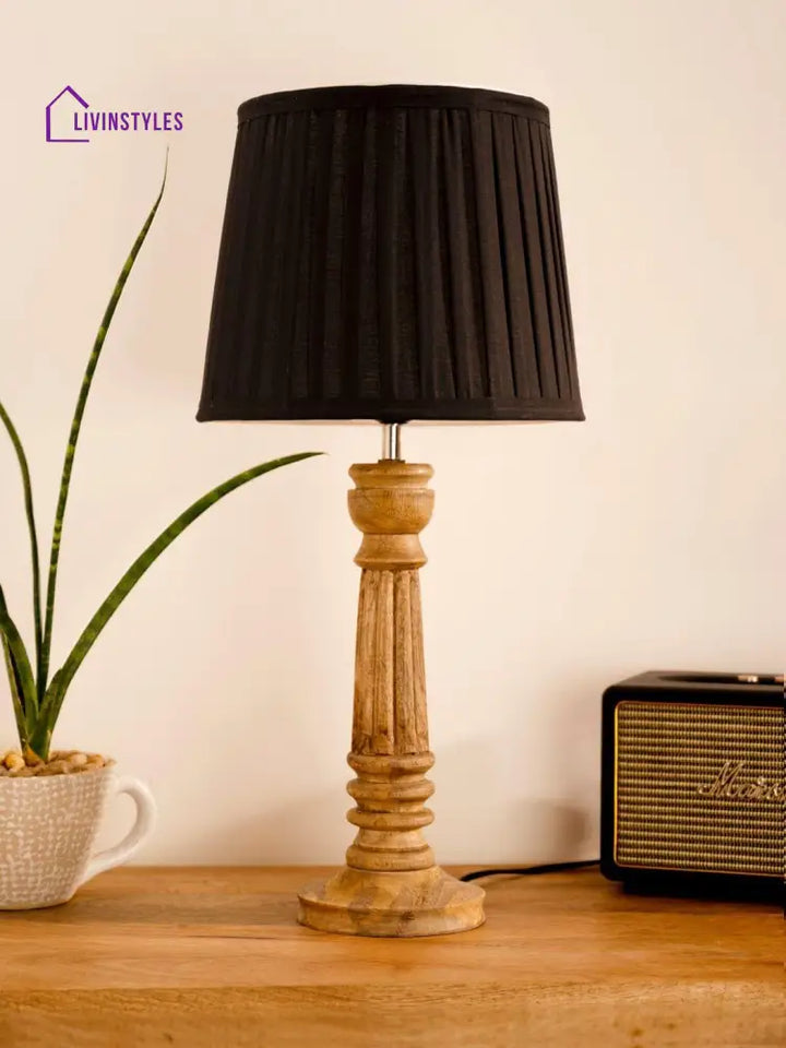 Wooden Pillar Brown Lamp With Pleeted Black Soft Shade