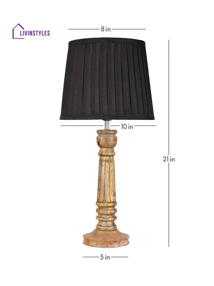 Wooden Pillar Brown Lamp With Pleeted Black Soft Shade