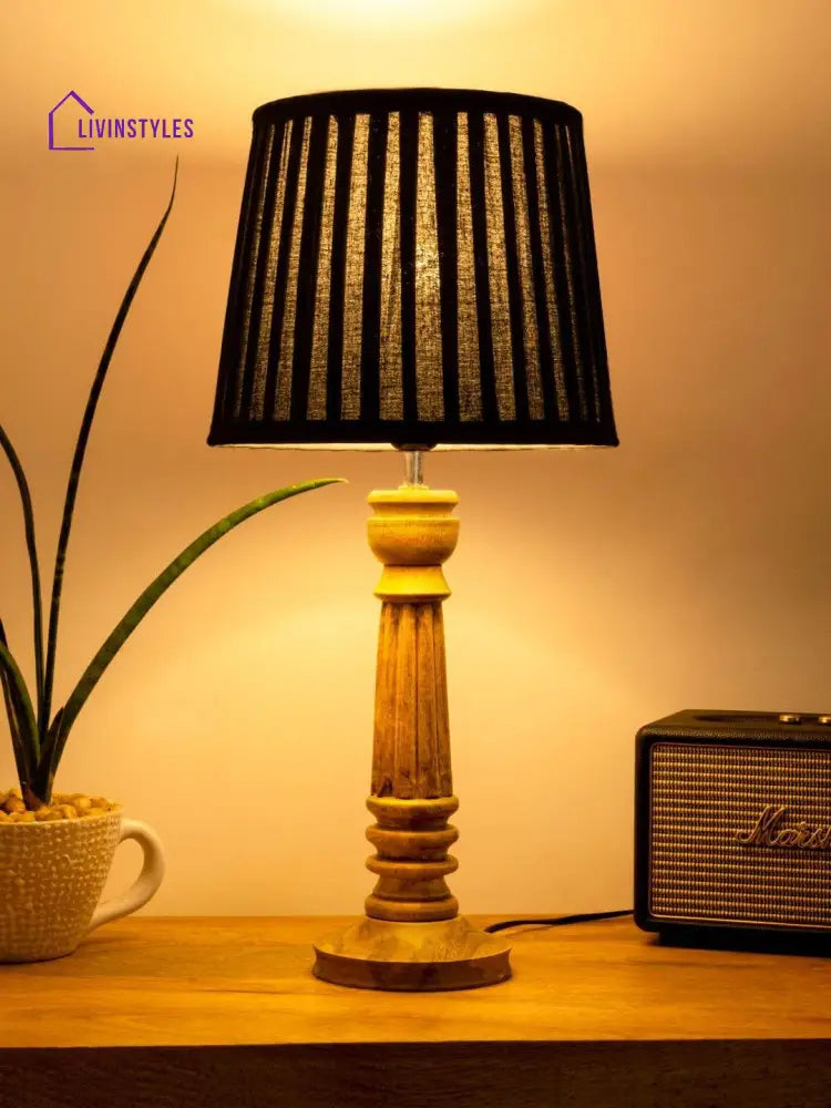 Wooden Pillar Brown Lamp With Pleeted Black Soft Shade