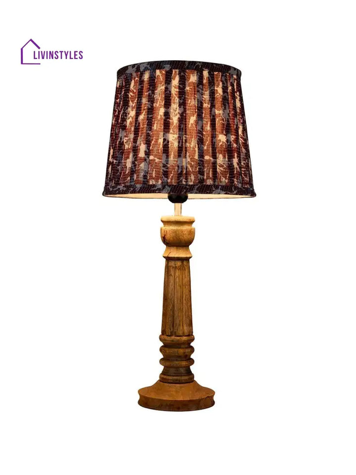 Wooden Pillar Brown Lamp With Pleeted Colorful Soft Shade