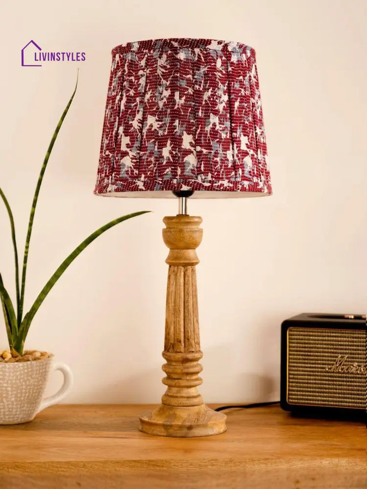 Wooden Pillar Brown Lamp With Pleeted Colorful Soft Shade