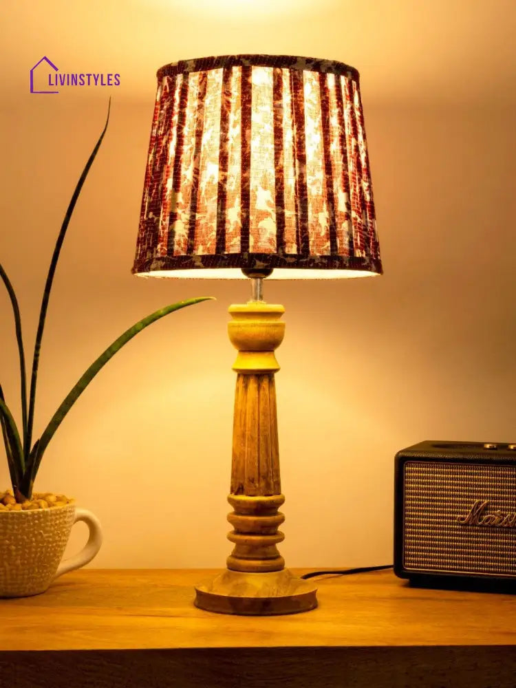 Wooden Pillar Brown Lamp With Pleeted Colorful Soft Shade