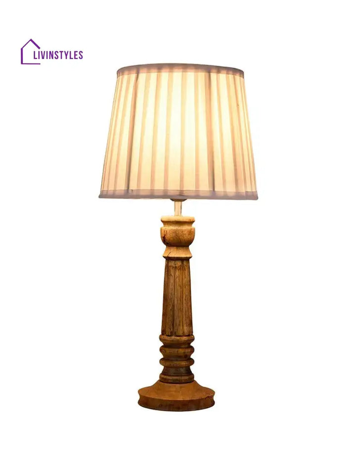 Wooden Pillar Brown Lamp With Pleeted White Soft Shade