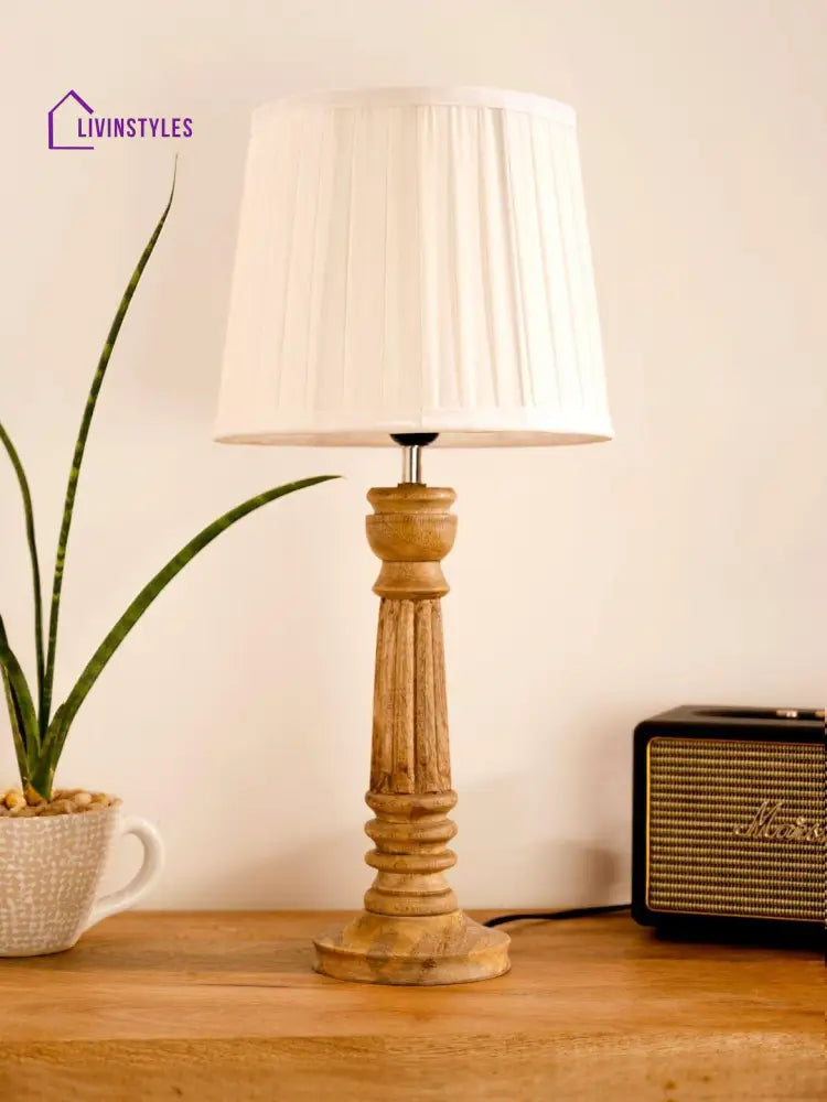 Wooden Pillar Brown Lamp With Pleeted White Soft Shade