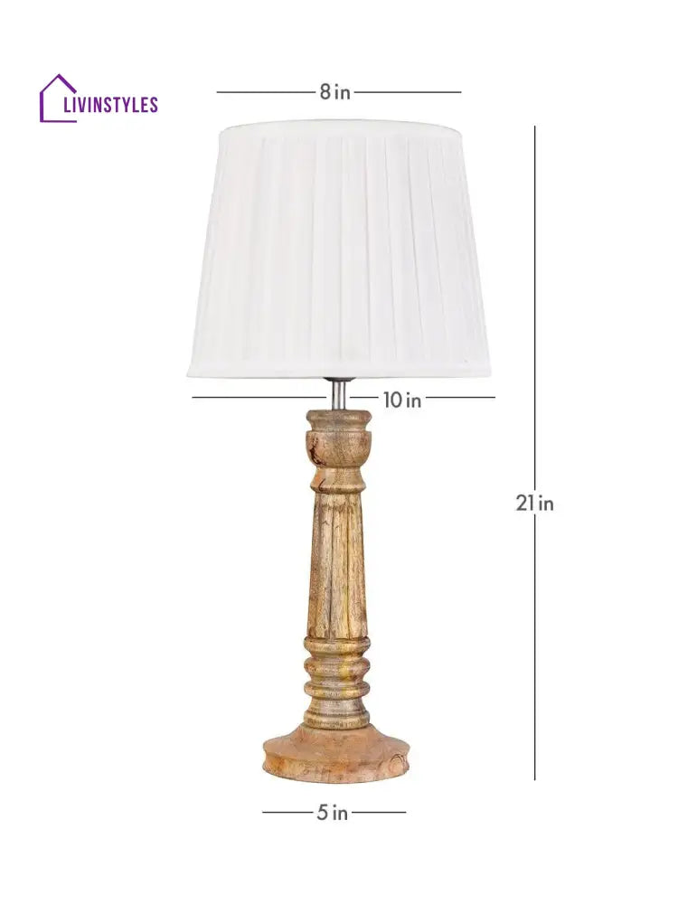 Wooden Pillar Brown Lamp With Pleeted White Soft Shade