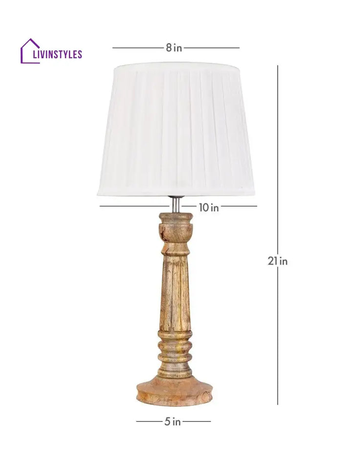 Wooden Pillar Brown Lamp With Pleeted White Soft Shade