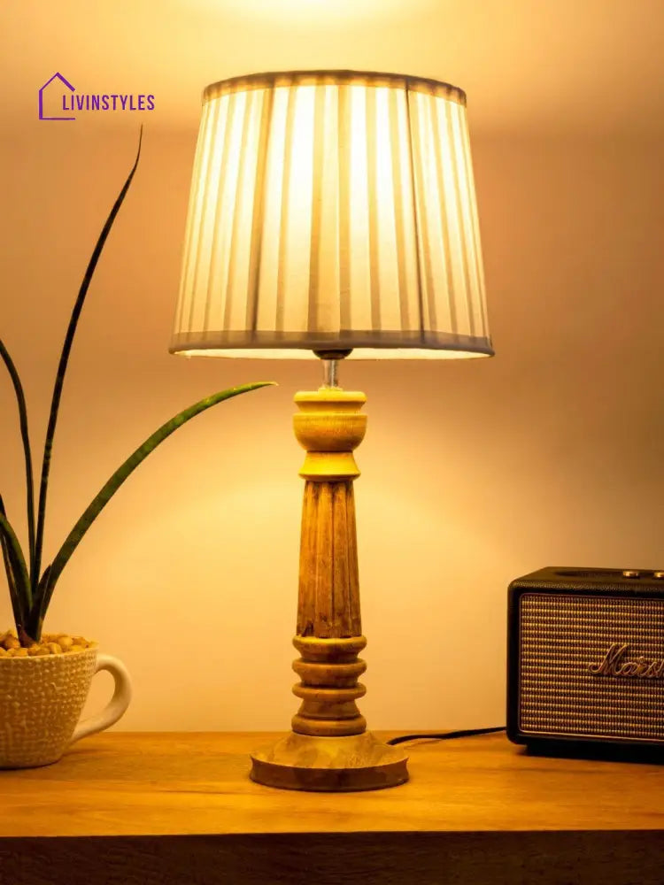 Wooden Pillar Brown Lamp With Pleeted White Soft Shade