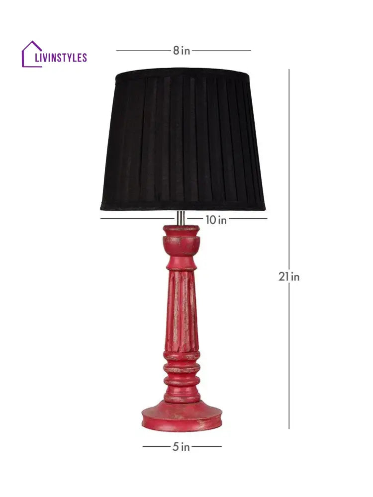 Wooden Pillar Pink Lamp With Pleeted Black Soft Shade