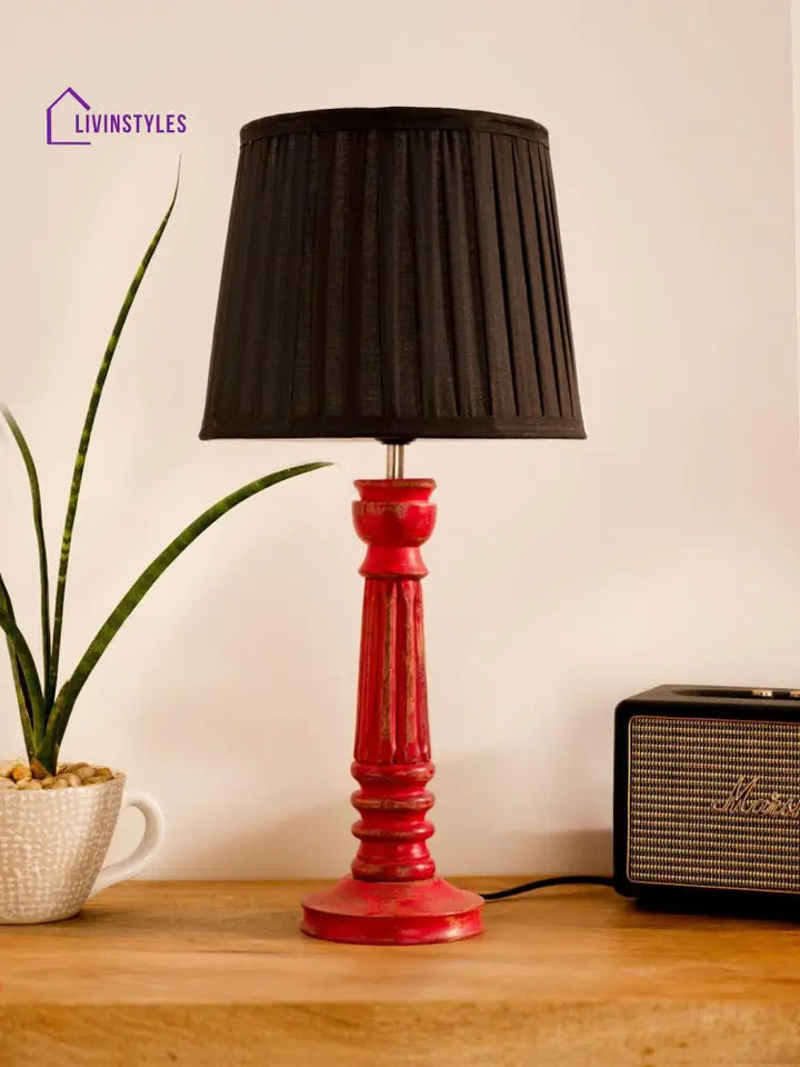 Wooden Pillar Pink Lamp With Pleeted Black Soft Shade