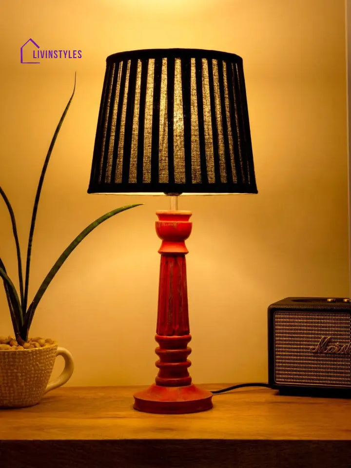 Wooden Pillar Pink Lamp With Pleeted Black Soft Shade