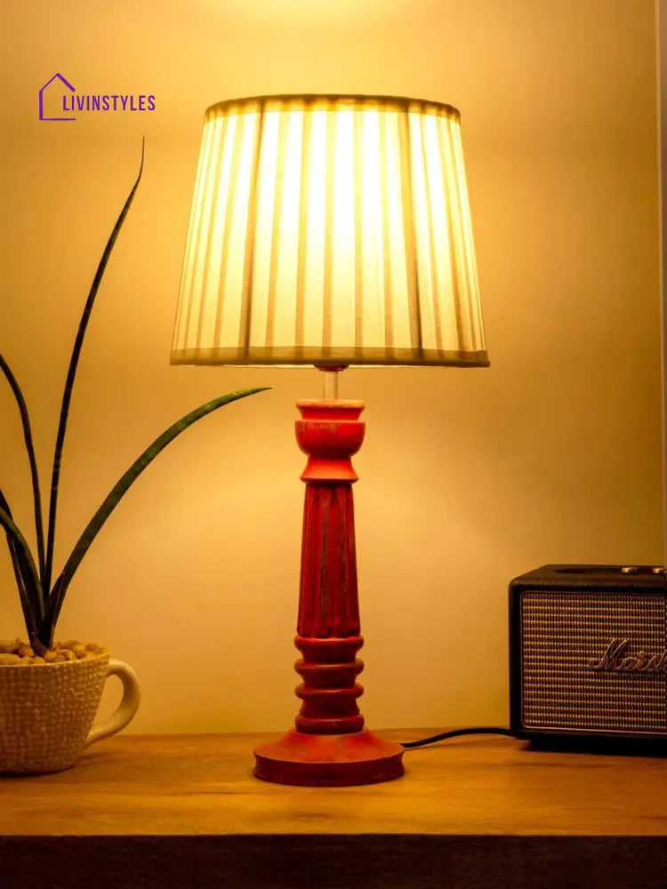 Wooden Pillar Pink Lamp With Pleeted White Soft Shade