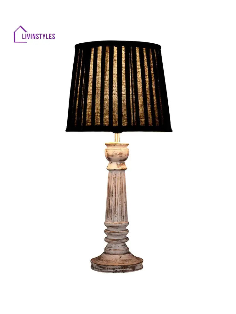 Wooden Pillar White Lamp With Pleeted Black Soft Shade