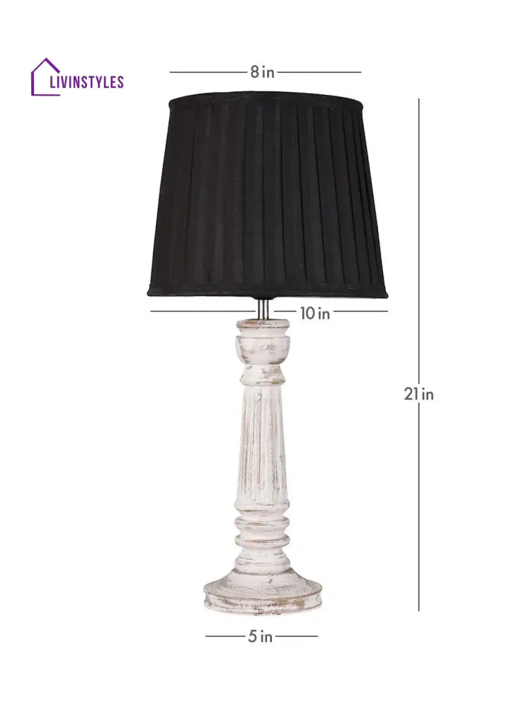 Wooden Pillar White Lamp With Pleeted Black Soft Shade