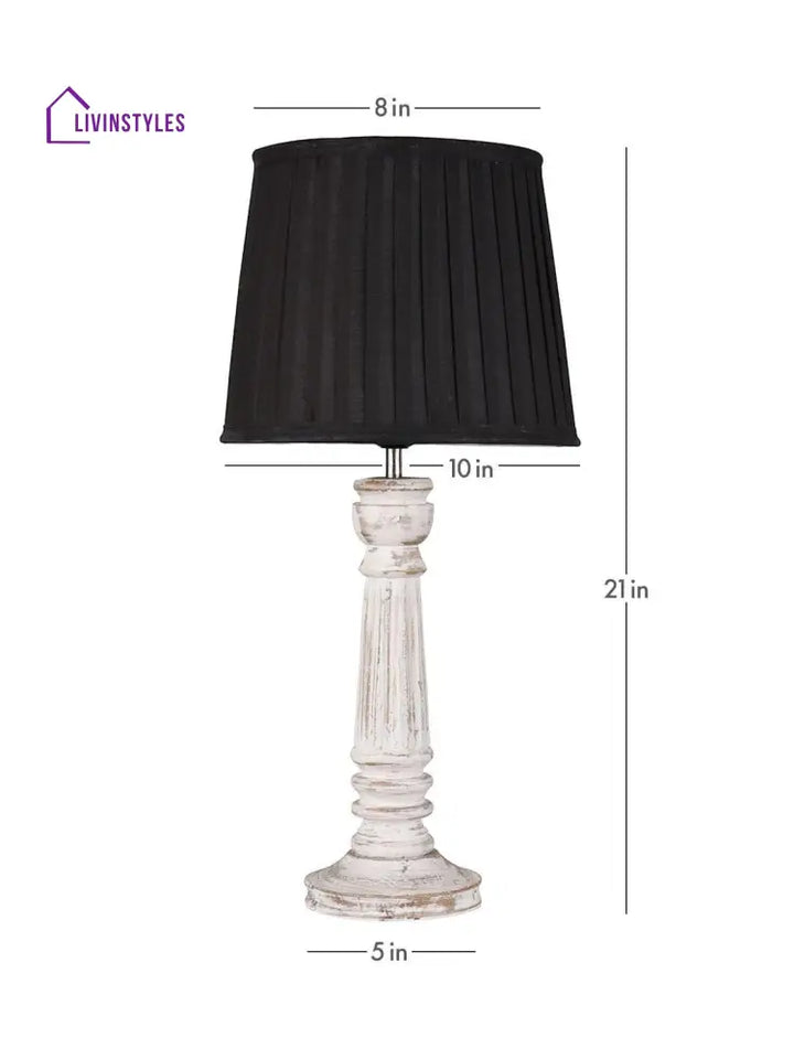 Wooden Pillar White Lamp With Pleeted Black Soft Shade