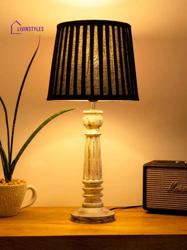 Wooden Pillar White Lamp With Pleeted Black Soft Shade