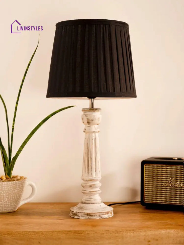 Wooden Pillar White Lamp With Pleeted Black Soft Shade