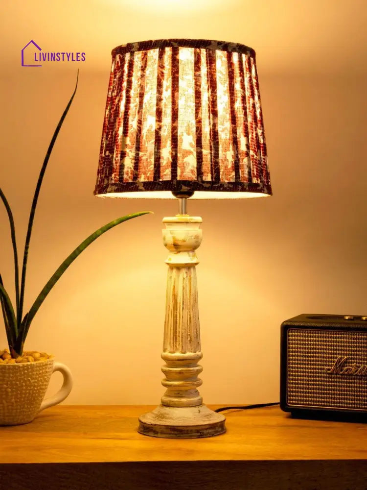 Wooden Pillar White Lamp With Pleeted Colorful Soft Shade